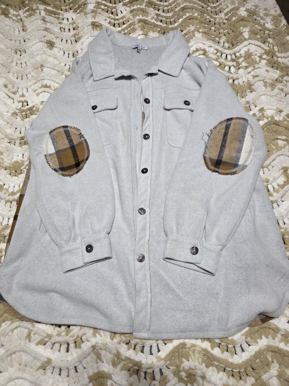 white birch Light Gray Button-Up Blazer with Plaid Elbow Patches